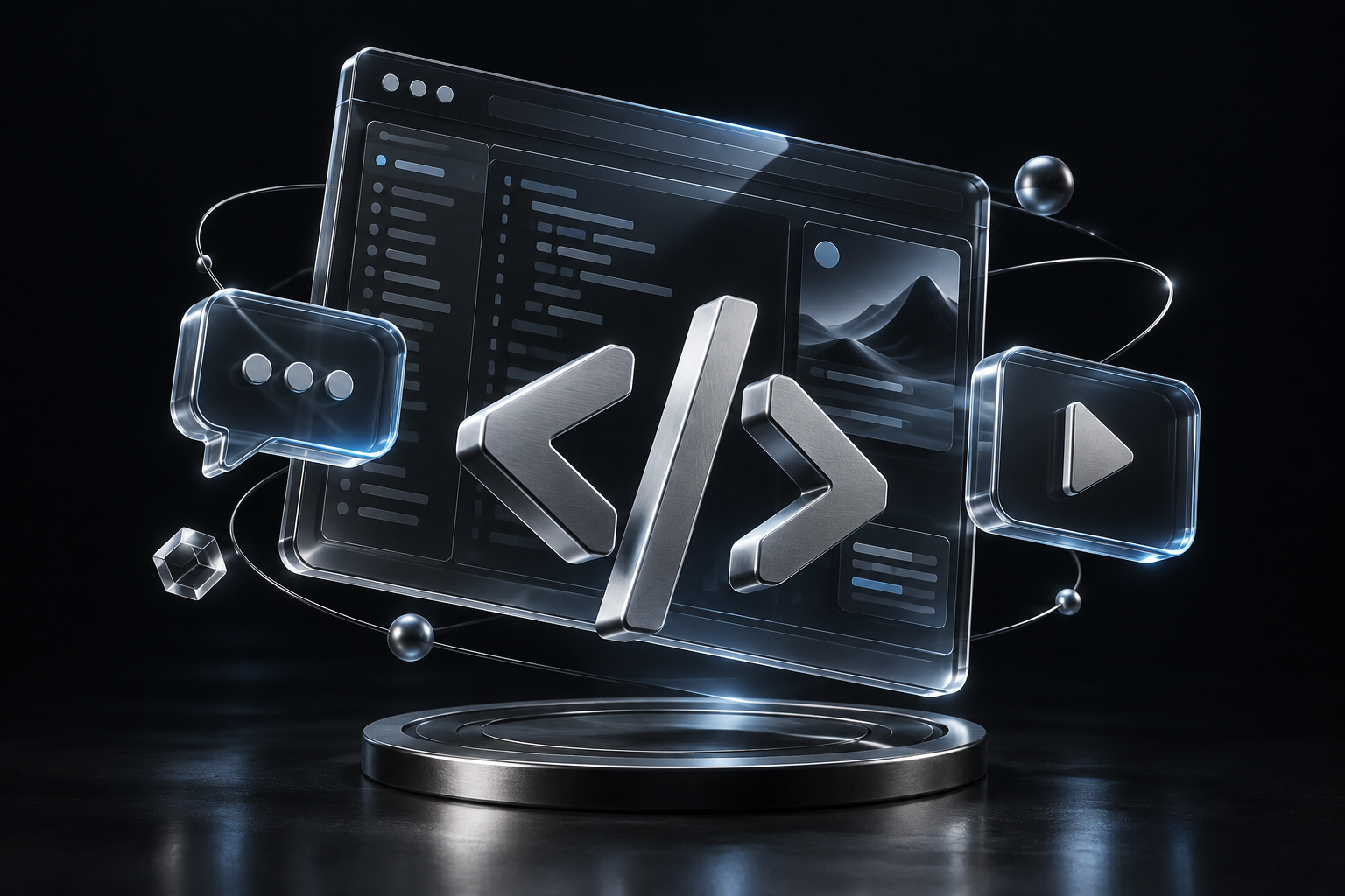 3D-композиция: стеклянный интерфейс, металлический символ кода, чат и видео
